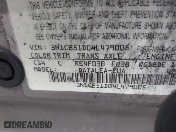 2004 Nissan Sentra S z VIN 3N1CB51D04L479005, wystawiony jako IAAI lot #42278120 z przebiegiem 157 829 mil mil oraz . Historia ofert i sprzedaży dostępna na DreamBid. Obrazek 9.
