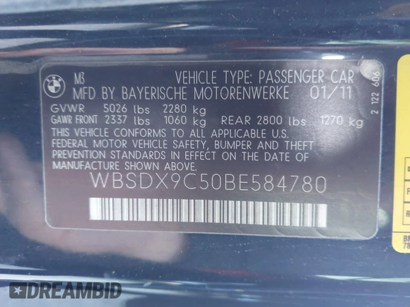 2011 BMW M3 with VIN WBSDX9C50BE584780, listed as a IAAI auction lot 41603749 with 156,141 mi miles. Bid and sale history available at carsss.com. Image 9.