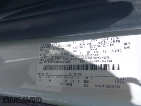 2021 Ford Transit Passenger XL with VIN 1FBAX2Y84MKA98230, listed as a IAAI auction lot 42570233 with 19,531 mi miles and . Bid and sale history available at DreamBid. Image 9.
