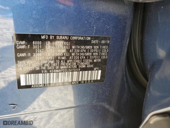 2020 Subaru Ascent Limited with VIN 4S4WMAPD2L3415008, listed as a Copart auction lot 48320325 with 69,922 mi miles and Non Repairable. Bid and sale history available at carsss.com. Image 14.