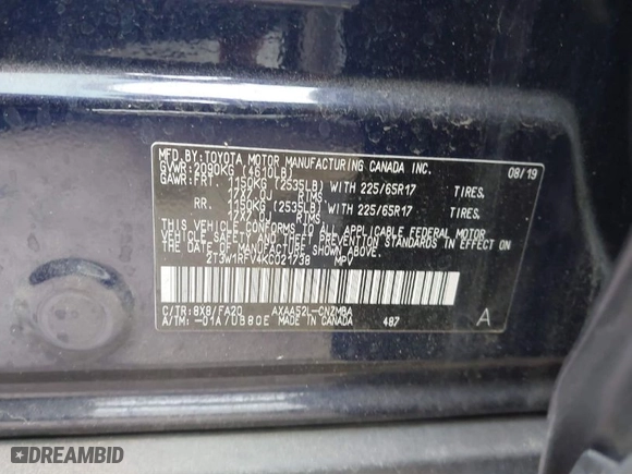 2019 Toyota RAV4 XLE with VIN 2T3W1RFV4KC021738, listed as a IAAI auction lot 41540970 with NaN miles. Bid and sale history available at carsss.com. Image 9.
