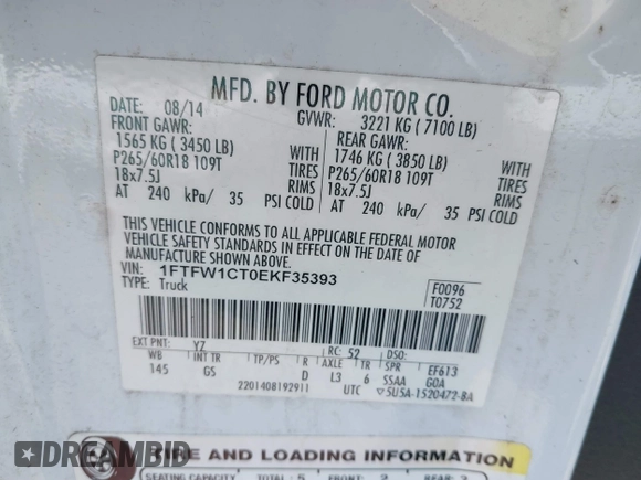 2014 Ford F-150 XL with VIN 1FTFW1CT0EKF35393, listed as a IAAI auction lot 41616886 with 138,535 mi miles. Bid and sale history available at carsss.com. Image 9.