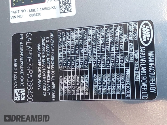2023 Land Rover Range Rover SE z VIN SALKP9E78PA086430, wystawiony jako IAAI lot #41336935 z przebiegiem 7 831 mil mil oraz . Historia ofert i sprzedaży dostępna na DreamBid. Obrazek 9.