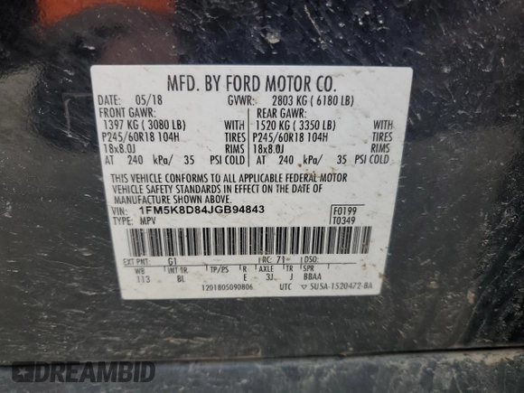 2018 Ford Explorer XLT with VIN 1FM5K8D84JGB94843, listed as a Copart auction lot 55755645 with 104,709 mi miles and Salvage title. Bid and sale history available at DreamBid. Image 13.
