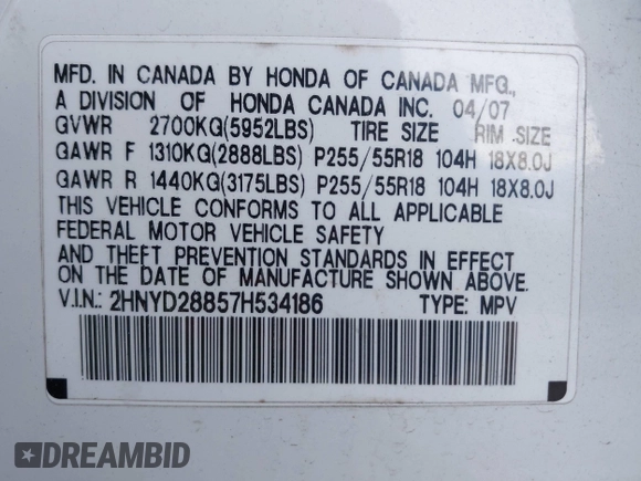 2007 Acura MDX Sport with VIN 2HNYD28857H534186, listed as a IAAI auction lot 42140422 with 127,687 mi miles and . Bid and sale history available at DreamBid. Image 9.