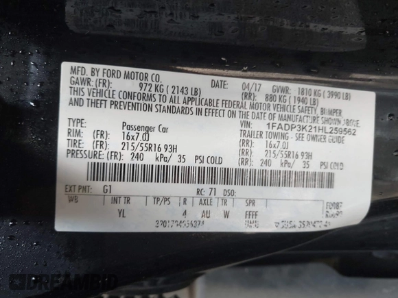 2017 Ford Focus SE with VIN 1FADP3K21HL259562, listed as a IAAI auction lot 41938455 with 196,098 mi miles and . Bid and sale history available at carsss.com. Image 9.