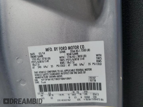 2014 Ford F-150 XL with VIN 1FTFW1ET8EFB81581, listed as a Copart auction lot 44806305 with 212,423 mi miles and Salvage Title. Bid and sale history available at carsss.com. Image 12.