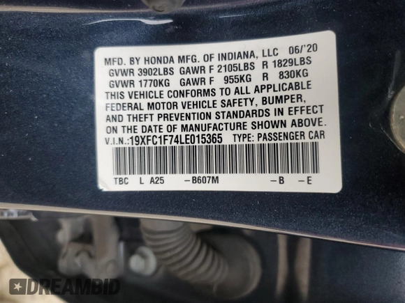 2020 Honda Civic Sedan EX-L with VIN 19XFC1F74LE015365, listed as a Copart auction lot 44965985 with 55,463 mi miles and Salvage Title. Bid and sale history available at carsss.com. Image 13.