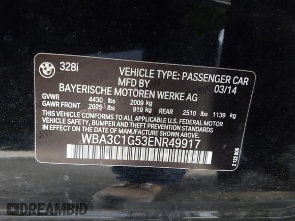 2014 BMW 3 Series 328i with VIN WBA3C1G53ENR49917, listed as a IAAI auction lot 42116704 with 148,630 mi miles and . Bid and sale history available at carsss.com. Image 9.
