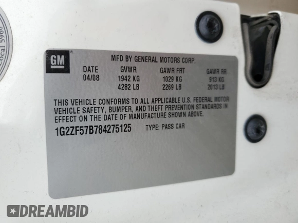 2008 Pontiac G6 1SV Value Leader с VIN 1G2ZF57B784275125, выставлен на аукционе Copart как лот 56873785 с пробегом 72 137 миль миль и Списание • Salvage title. История ставок и продаж доступна на DreamBid. Изображение 12.