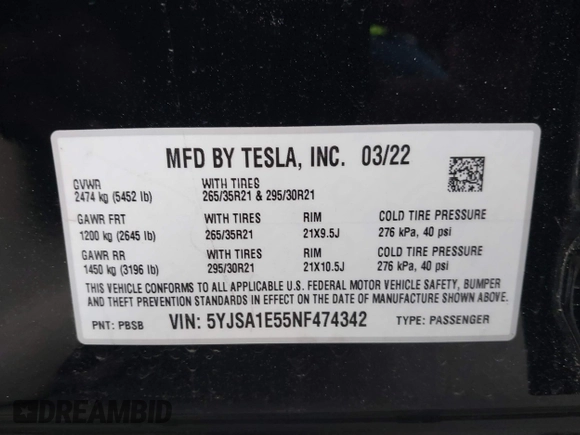2022 Tesla Model S with VIN 5YJSA1E55NF474342, listed as a IAAI auction lot 41870994 with 33,804 mi miles and . Bid and sale history available at DreamBid. Image 9.