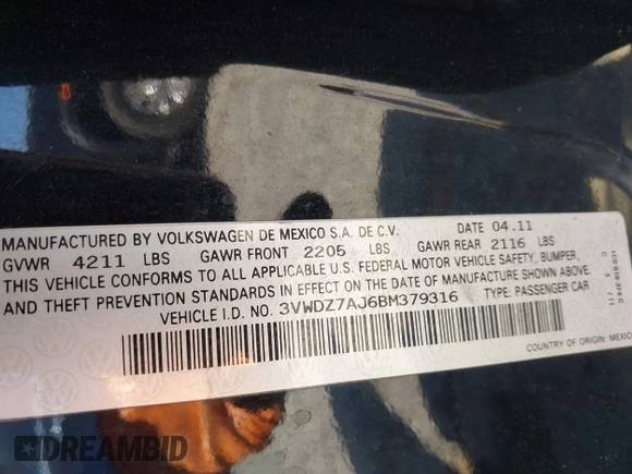 2011 Volkswagen Jetta SE с VIN 3VWDZ7AJ6BM379316, выставлен на аукционе IAAI как лот 42101190 с пробегом 145 496 миль миль и . История ставок и продаж доступна на DreamBid. Изображение 9.