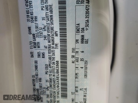 2014 Ford Escape SE with VIN 1FMCU9GX5EUB63568, listed as a Copart auction lot 61221735 with 118,303 mi miles and Non repairable. Bid and sale history available at DreamBid. Image 12.