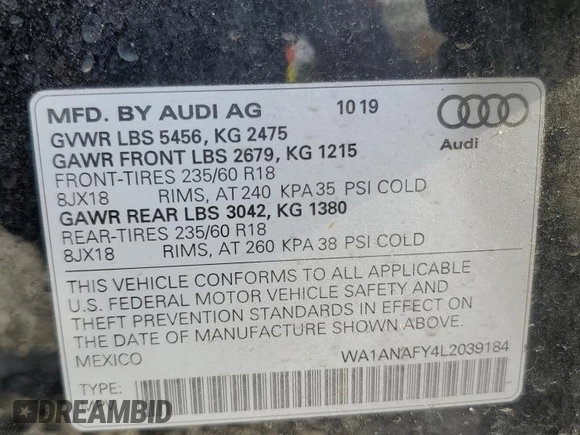 2020 Audi Q5 Premium with VIN WA1ANAFY4L2039184, listed as a Copart auction lot 56547375 with 163,246 mi miles and Clean title. Bid and sale history available at DreamBid. Image 14.