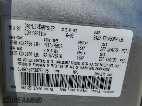2003 Jeep Liberty Sport with VIN 1J4GK48K73W725175, listed as a Copart auction lot 53801155 with 104,727 mi miles and Salvage Title. Bid and sale history available at DreamBid. Image 13.