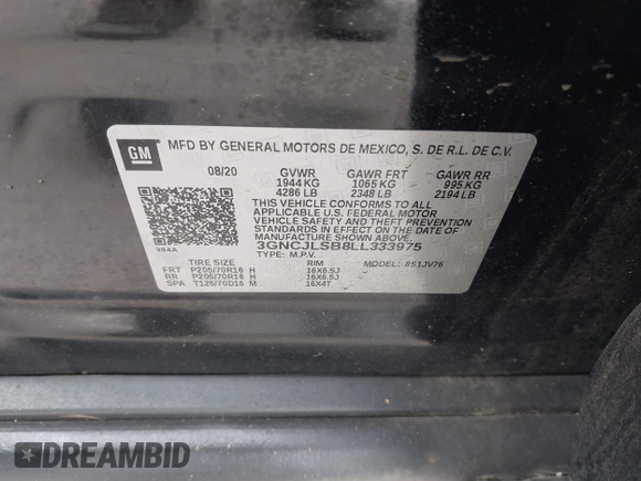 2020 Chevrolet Trax LT with VIN 3GNCJLSB8LL333975, listed as a IAAI auction lot 42115750 with 114,436 mi miles. Bid and sale history available at carsss.com. Image 9.