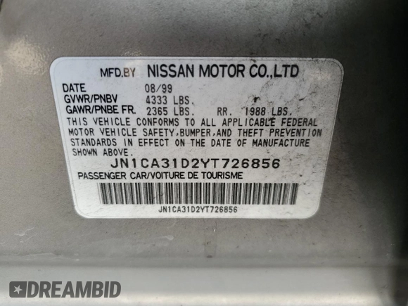 2000 Nissan Maxima GXE z VIN JN1CA31D2YT726856, wystawiony jako Copart lot #45950615 z przebiegiem 101 919 mil mil oraz Szkoda całkowita • Salvage title. Historia ofert i sprzedaży dostępna na DreamBid. Obrazek 12.
