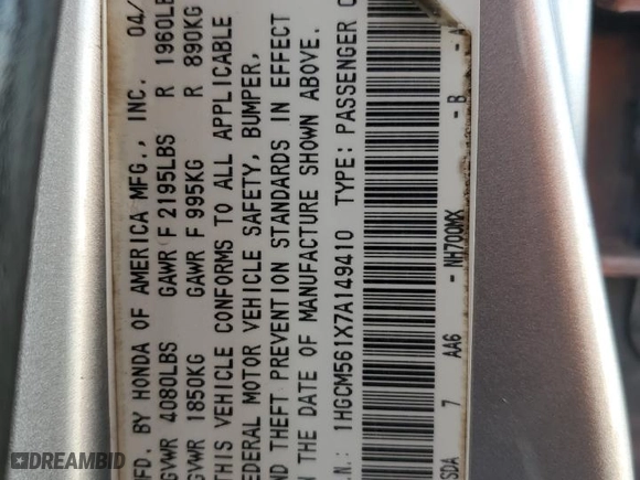 2007 Honda Accord Sdn VP with VIN 1HGCM561X7A149410, listed as a Copart auction lot 53169375 with 315,208 mi miles and Clean Title. Bid and sale history available at carsss.com. Image 12.