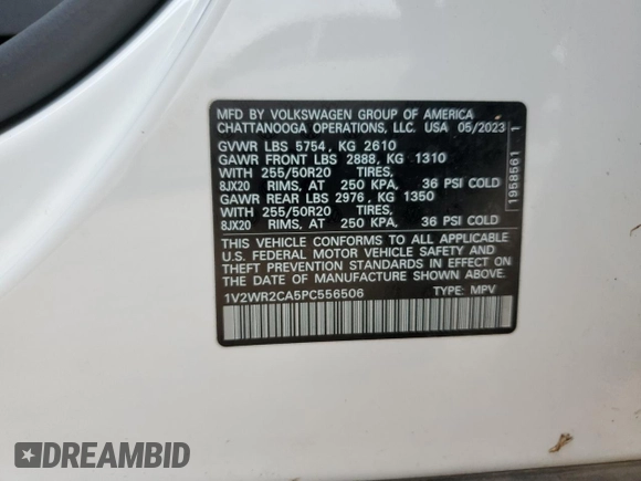 2023 Volkswagen Atlas SE with VIN 1V2WR2CA5PC556506, listed as a Copart auction lot 55486165 with 55,134 mi miles and Salvage title. Bid and sale history available at DreamBid. Image 13.