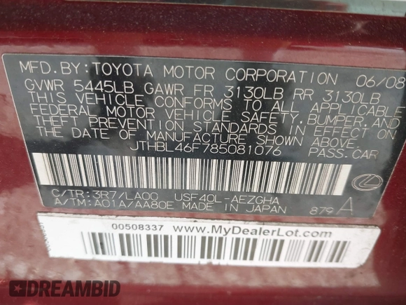2008 Lexus LS 460 with VIN JTHBL46F785081076, listed as a IAAI auction lot 42165500 with 90,956 mi miles and . Bid and sale history available at DreamBid. Image 9.