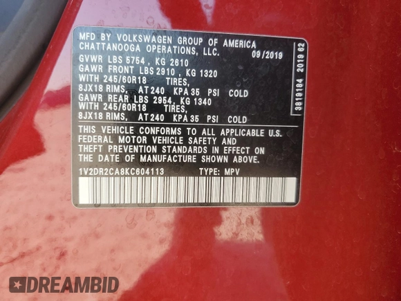 2019 Volkswagen Atlas SE with VIN 1V2DR2CA8KC604113, listed as a Copart auction lot 53108275 with 87,000 mi miles and Salvage title. Bid and sale history available at DreamBid. Image 13.