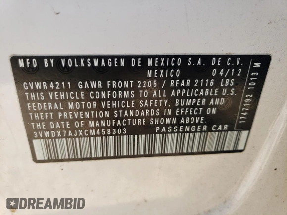 2012 Volkswagen Jetta Sedan SE w/Convenience with VIN 3VWDX7AJXCM458303, listed as a Copart auction lot 78156064 with 160,228 mi miles and Non Repairable. Bid and sale history available at carsss.com. Image 13.