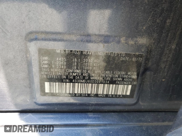 2013 Subaru Legacy Limited z VIN 4S3BMBJ60D3041034, wystawiony jako Copart lot #56381765 z przebiegiem 152 981 mil mil oraz Szkoda całkowita • Salvage title. Historia ofert i sprzedaży dostępna na DreamBid. Obrazek 13.