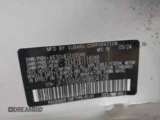 2024 Subaru WRX с VIN JF1VBAB69R9804724, выставлен на аукционе IAAI как лот 41998929 с пробегом 2 168 миль миль и . История ставок и продаж доступна на DreamBid. Изображение 9.