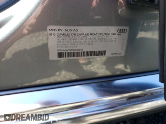 2013 Audi A8 3.0L z VIN WAUAGAFD8DN033639, wystawiony jako Copart lot #50001435 z przebiegiem 192 919 mil mil oraz Szkoda całkowita • Salvage title. Historia ofert i sprzedaży dostępna na DreamBid. Obrazek 12.