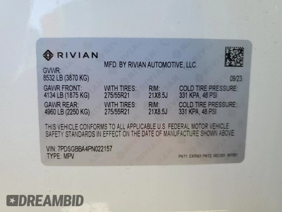 2023 Rivian R1S Adventure with VIN 7PDSGBBA4PN022157, listed as a Copart auction lot 81359984 with 13,522 mi miles and Salvage Title. Bid and sale history available at DreamBid. Image 14.