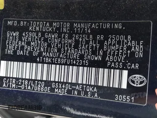 2015 Toyota Avalon Limited with VIN 4T1BK1EB9FU142315, listed as a IAAI auction lot 41579567 with 135,391 mi miles and . Bid and sale history available at DreamBid. Image 9.