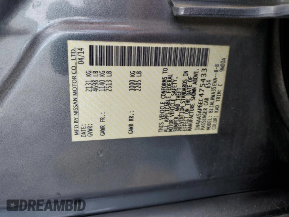 2014 Nissan Maxima S z VIN 1N4AA5AP6EC475433, wystawiony jako Copart lot #56485315 z przebiegiem Nie podano mil oraz Szkoda całkowita • Salvage title. Historia ofert i sprzedaży dostępna na DreamBid. Obrazek 12.