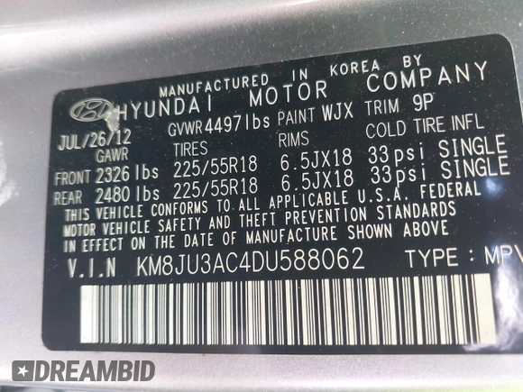 2013 Hyundai Tucson GLS with VIN KM8JU3AC4DU588062, listed as a IAAI auction lot 42080348 with 76,937 mi miles. Bid and sale history available at carsss.com. Image 9.