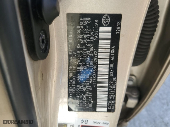 2008 Toyota Avalon XL with VIN 4T1BK36B18U288821, listed as a Copart auction lot 45858425 with NaN miles and Salvage Title. Bid and sale history available at carsss.com. Image 13.