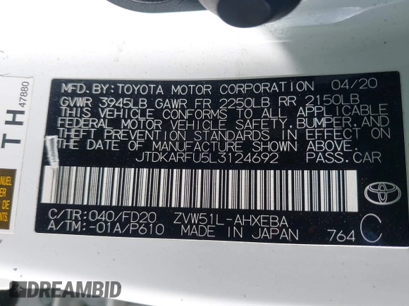2020 Toyota Prius L Eco z VIN JTDKARFU5L3124692, wystawiony jako IAAI lot #42019339 z przebiegiem 178 081 mil mil oraz . Historia ofert i sprzedaży dostępna na DreamBid. Obrazek 9.