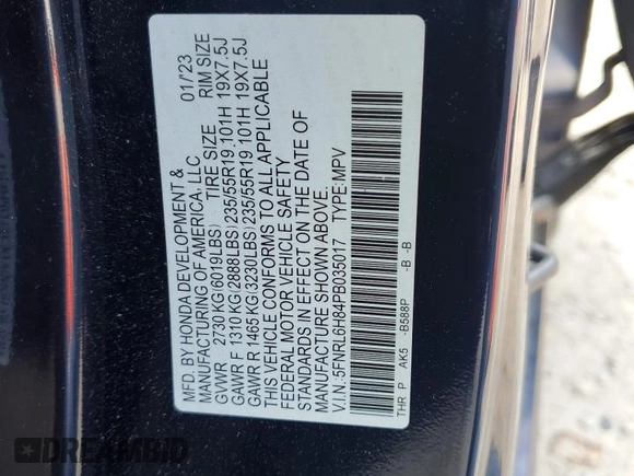 2023 Honda Odyssey Touring с VIN 5FNRL6H84PB035017, выставлен на аукционе Copart как лот 51666035 с пробегом 47 818 миль миль и Списание • Salvage title. История ставок и продаж доступна на DreamBid. Изображение 13.