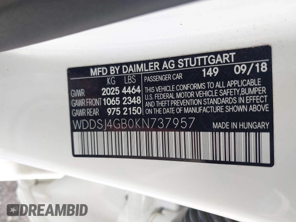 2019 Mercedes-Benz CLA 250 with VIN WDDSJ4GB0KN737957, listed as a IAAI auction lot 41961284 with 21,257 mi miles and . Bid and sale history available at DreamBid. Image 9.