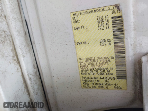 2014 Nissan Maxima S with VIN 1N4AA5AP8EC440389, listed as a IAAI auction lot 41918551 with 216,891 mi miles and . Bid and sale history available at DreamBid. Image 9.