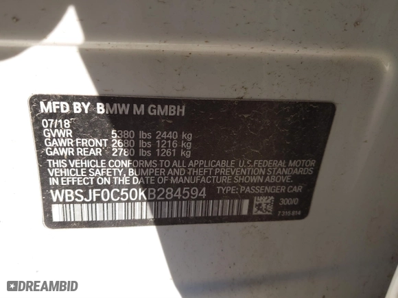 2019 BMW M5 with VIN WBSJF0C50KB284594, listed as a IAAI auction lot 41410008 with 1 mi miles. Bid and sale history available at carsss.com. Image 9.