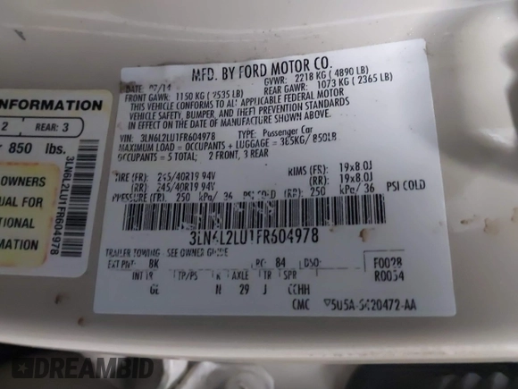 2015 Lincoln MKZ Hybrid with VIN 3LN6L2LU1FR604978, listed as a IAAI auction lot 41594407 with 165,148 mi miles and . Bid and sale history available at DreamBid. Image 9.