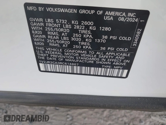 2024 Volkswagen Atlas SE with VIN 1V2JR2CA3RC614867, listed as a IAAI auction lot 42213818 with 6,832 mi miles and . Bid and sale history available at DreamBid. Image 9.