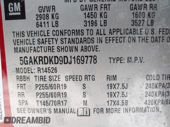 2013 Buick Enclave Premium with VIN 5GAKRDKD9DJ169778, listed as a IAAI auction lot 41779823 with 145,481 mi miles and . Bid and sale history available at DreamBid. Image 9.