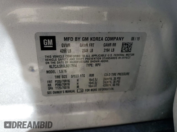 2020 Chevrolet Trax LT with VIN KL7CJLSB9LB017914, listed as a Copart auction lot 57464535 with 110,982 mi miles and Salvage title. Bid and sale history available at DreamBid. Image 12.