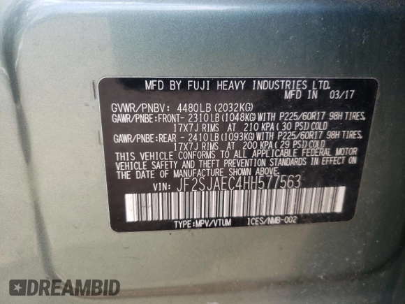 2017 Subaru Forester Premium with VIN JF2SJAEC4HH577563, listed as a Copart auction lot 50192023 with 189,565 mi miles. Bid and sale history available at carsss.com. Image 14.