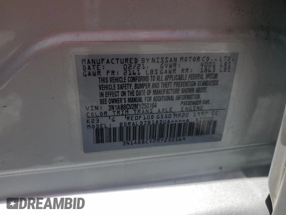 2021 Nissan Sentra SV с VIN 3N1AB8CV2MY250164, выставлен на аукционе Copart как лот 63785035 с пробегом 97 614 миль миль и На запчасти • Non repairable. История ставок и продаж доступна на DreamBid. Изображение 12.