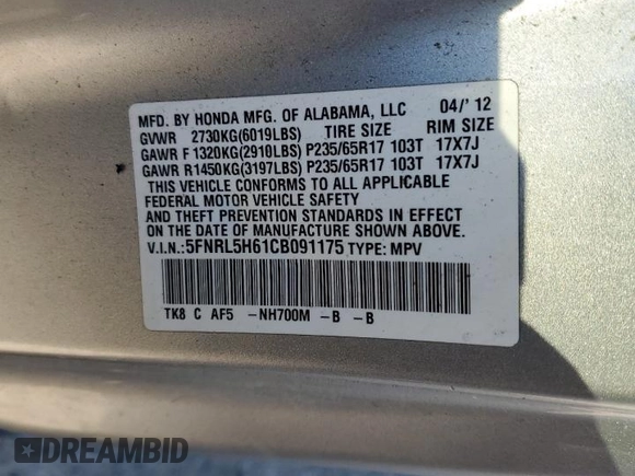 2012 Honda Odyssey EX-L with VIN 5FNRL5H61CB091175, listed as a Copart auction lot 80116294 with 315,023 mi miles and Salvage Title. Bid and sale history available at carsss.com. Image 16.