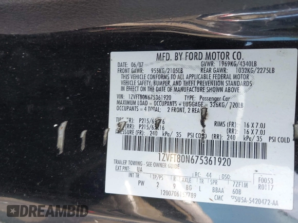 2007 Ford Mustang Deluxe с VIN 1ZVFT80N675361920, выставлен на аукционе IAAI как лот 42196804 с пробегом Не указан миль и . История ставок и продаж доступна на DreamBid. Изображение 9.