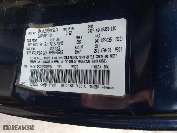 2002 Dodge Dakota SLT with VIN 1B7GL42X72S649714, listed as a IAAI auction lot 41426396 with 227,056 mi miles. Bid and sale history available at carsss.com. Image 9.
