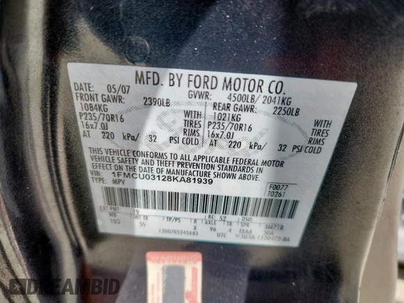 2008 Ford Escape XLT with VIN 1FMCU03128KA81939, listed as a Copart auction lot 63922515 with 182,089 mi miles and Salvage title. Bid and sale history available at DreamBid. Image 14.