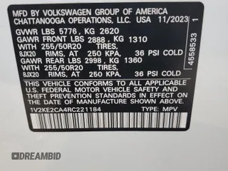 2024 Volkswagen Atlas SE с VIN 1V2KE2CA4RC221184, выставлен на аукционе Copart как лот 55039245 с пробегом 13 192 миль миль и Списание • Salvage title. История ставок и продаж доступна на DreamBid. Изображение 13.